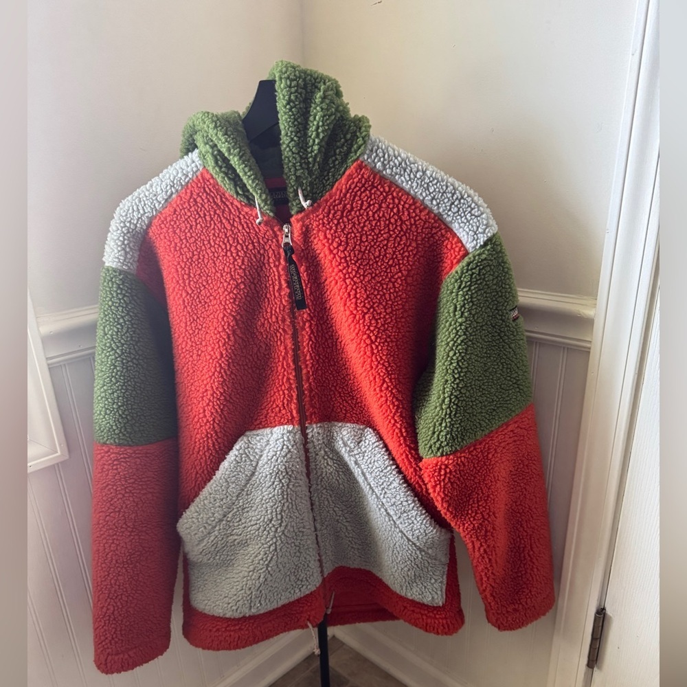Napapijri Green and Orange Sherpa Fleece‎ Jacket Size Small Vintage